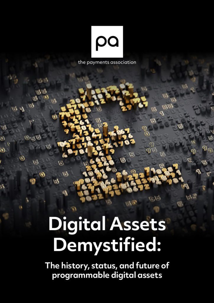 Digital Assets Demystified - The history, status, and future of programmable digital assets cover image. £ sign with digital graphic