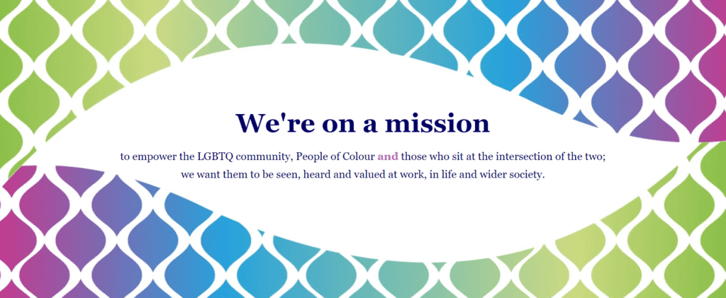 Colourful geometric pattern framing company's mission statement
