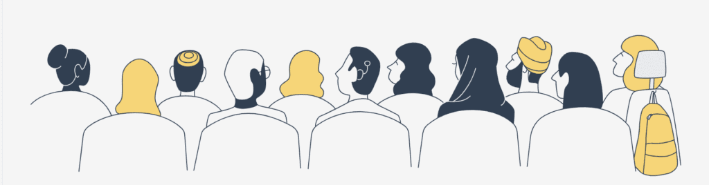 Illustration of diverse attendees sitting on chairs