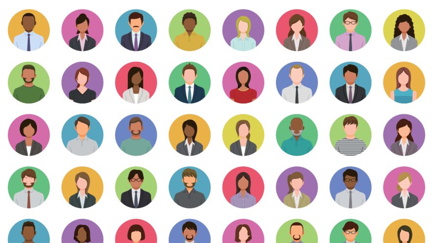 Illustration of diverse individuals set against colourful circular backgrounds
