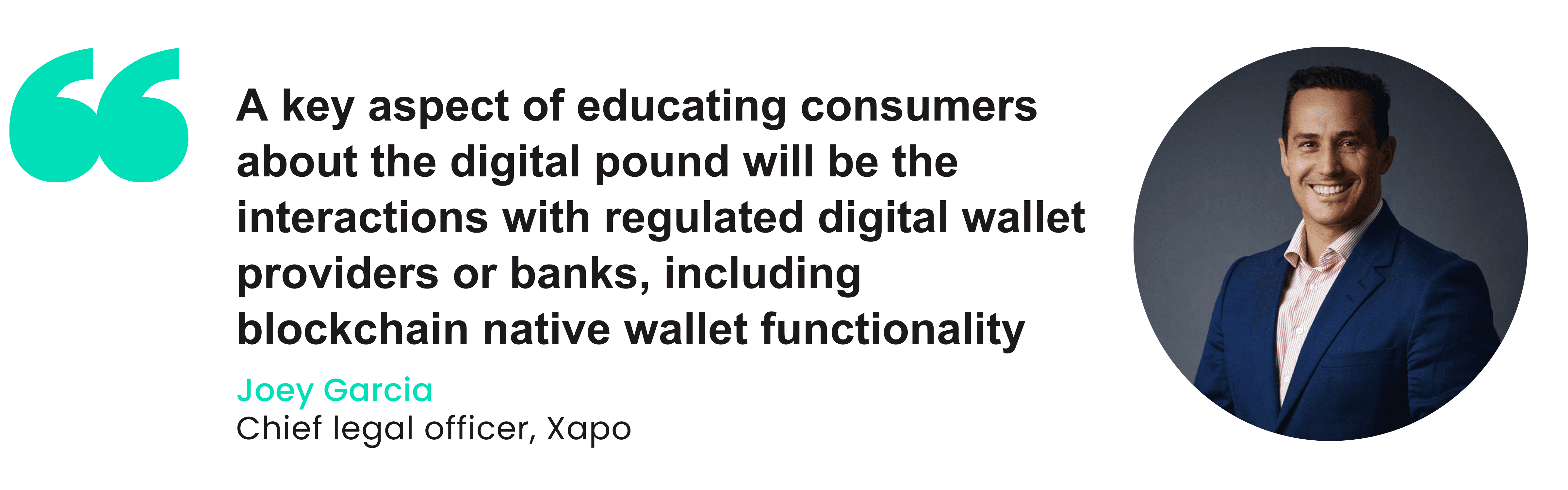 Pull-out quote highlighting Joey Garcia's view on consumer education for the digital pound. The quote reads: 'A key piece in the education around the digital pound will be the interactions with regulated digital wallet providers or banks, including blockchain native wallet functionality.