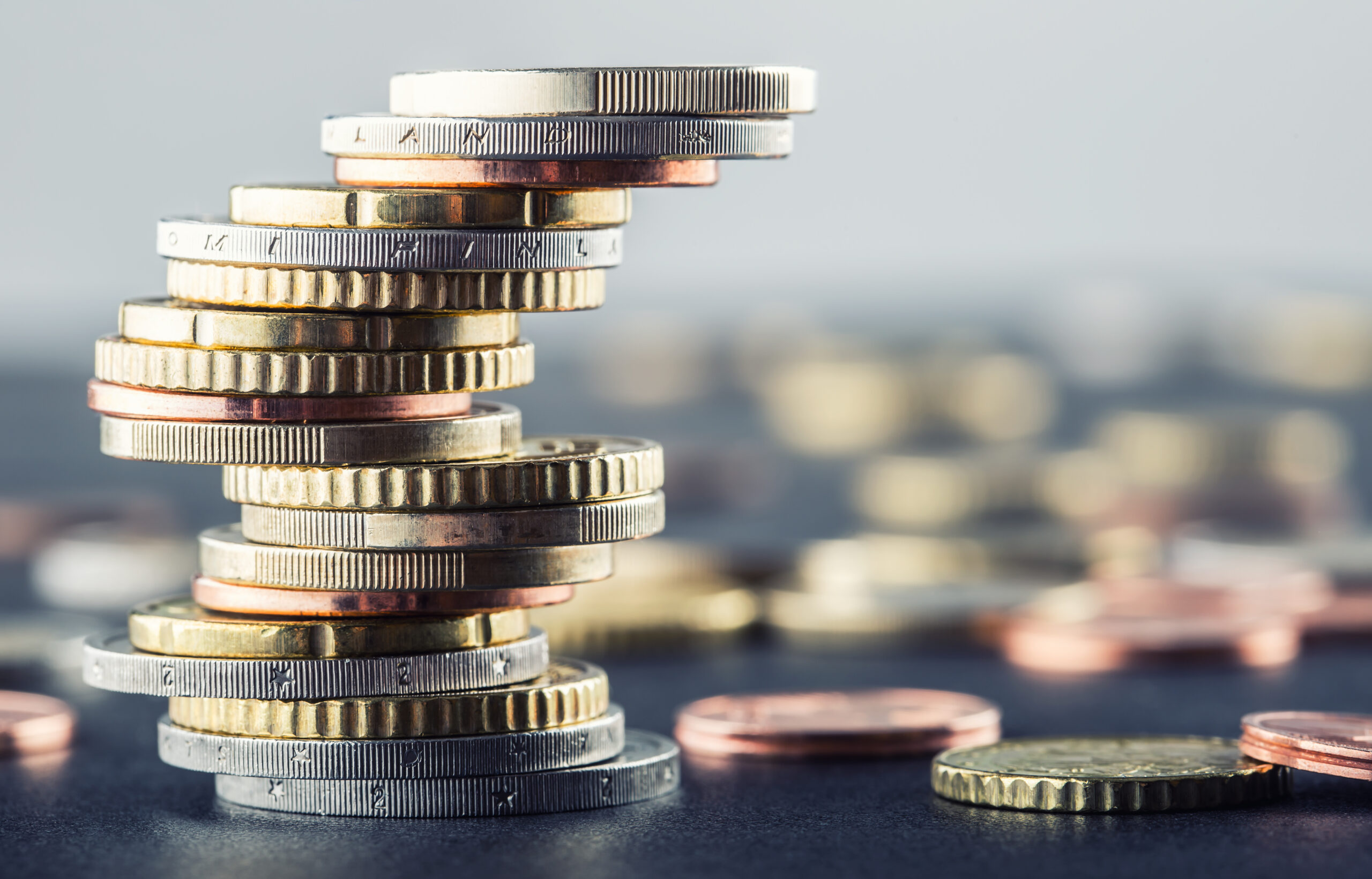 Euro coins. Euro money. Euro currency.Coins stacked on each other in different positions. Money concept